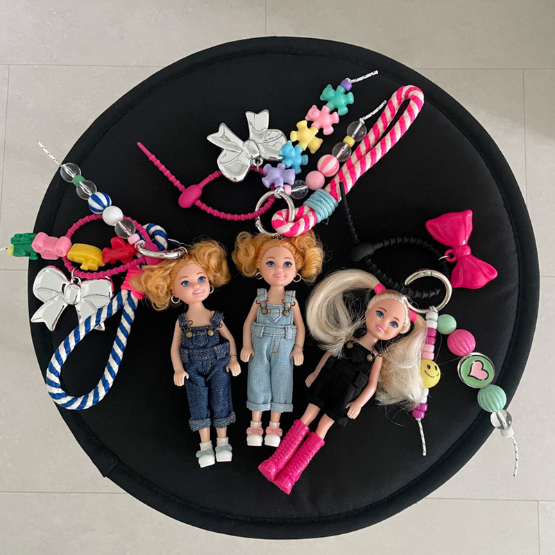ins Cute Denim Overalls Barbie Princess Doll Bowknot Beaded Gift Keychain Bag Pendant