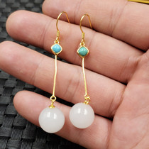 New exquisite natural jade white jade round bead earrings gold silk jade earrings jade earrings jade earrings