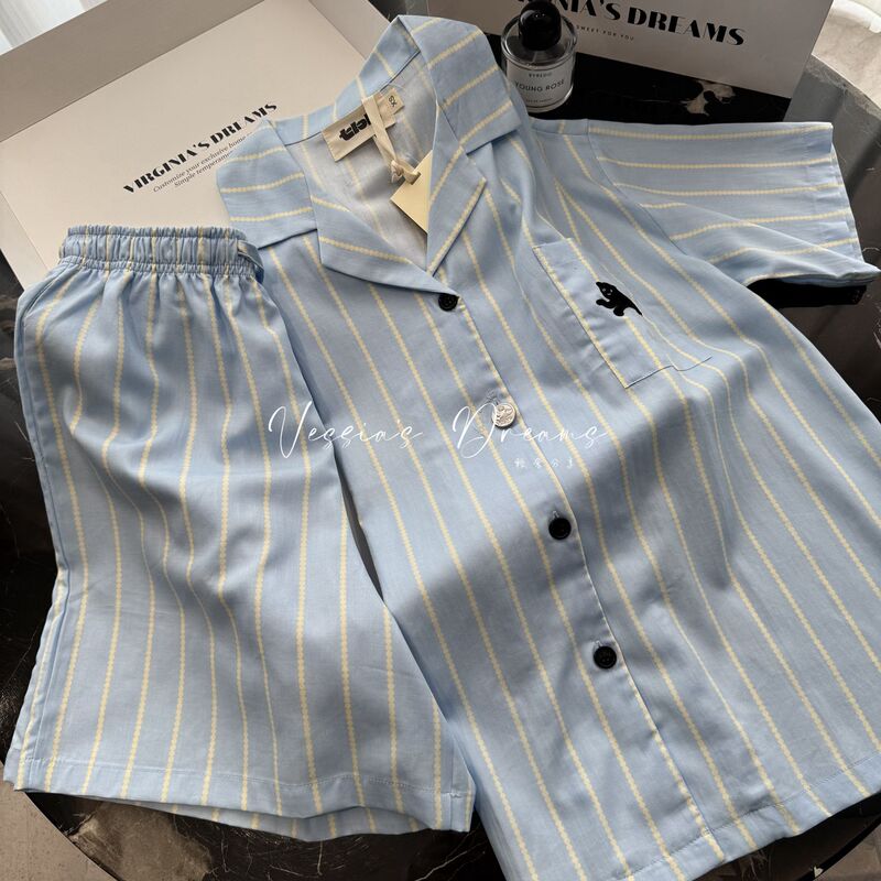 Celebrity-Style Lyocell Tencel Cotton Striped Pajamas for Men and Women, Couple Style, Summer Short-Sleeved Shorts Home Wear Set Celebrity-Style Lyocell Tencel Cotton Striped Pajamas for Men and Women, Couple Style, Summer Short-Sleeved Shorts Home Wear Set