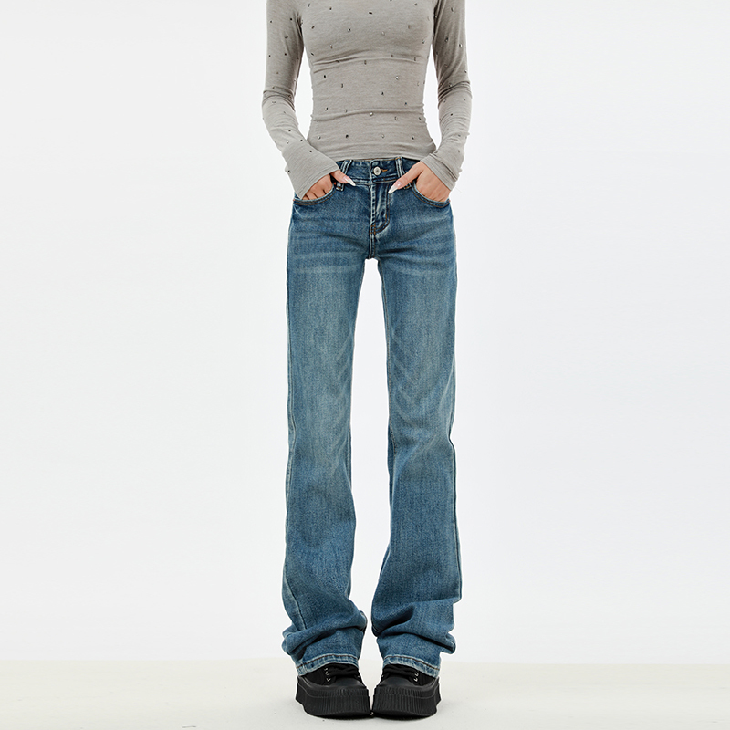 Fkug Original American Retro Low-Waist Flared Jeans for Women, Narrow Version Vibe, Slimming, Tight-Fitting Whiskered Straight-Leg Pants