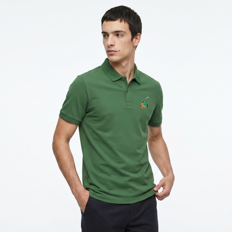 Guangong Lauren Men's Green Polo Shirt with Short Sleeves, Business Casual, Cool Feeling, Three Kingdoms Horse Logo Embroidery, Summer