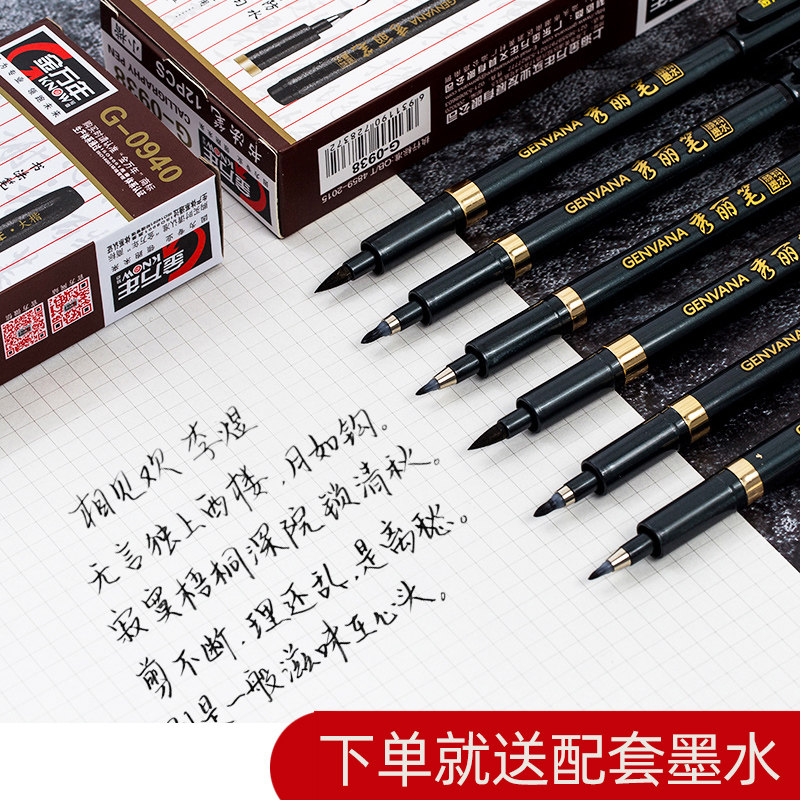 Golden Man years show Lipen fountain pen style brush with small block letters in block letters Calligraphy Pen Practice with Transcript of Please Sign Pen