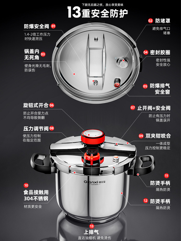 Jie'Anxi Pressure Cooker, Small Household Model, New Model, Compatible with Gas Stoves and Induction Cookers, 304 Stainless Steel, Explosion-Proof Pressure Cooker