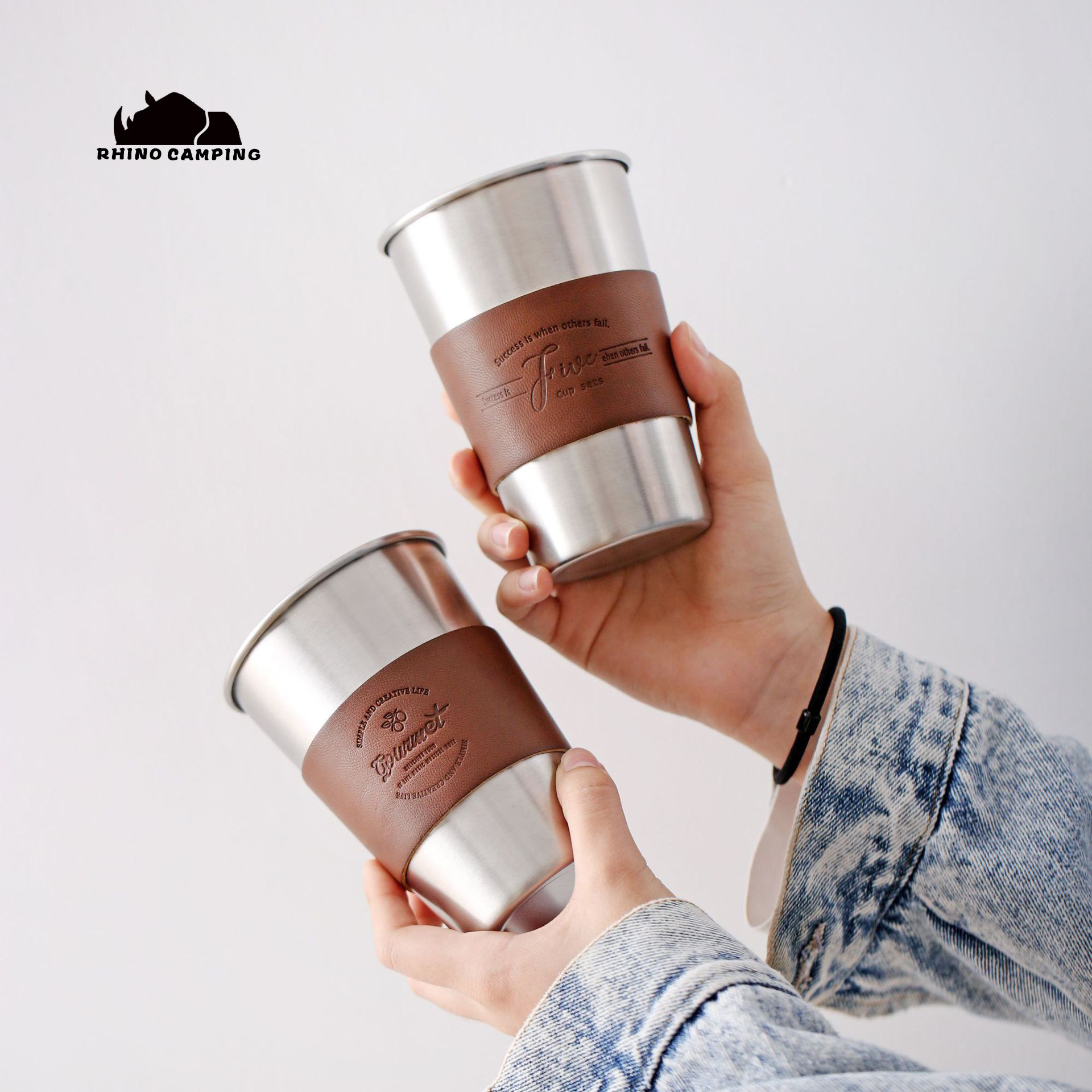 ins wind outdoor camping coffee cup 304 stainless steel water cup retro leather anti-scalding cup set hot and cold drinking cup