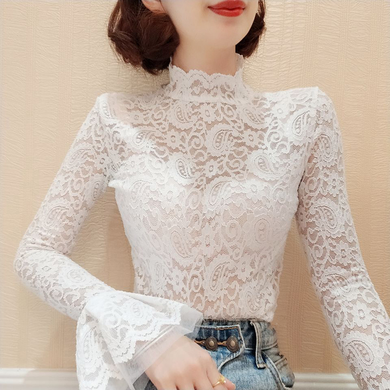 Bell-Sleeve Half-High Collar Lace Base Shirt for Women, Stylish French-Style Hollow-Out Top for Spring and Autumn, Mesh Top for Layering in Autumn and Winter Bell-Sleeve Half-High Collar Lace Base Shirt for Women, Stylish French-Style Hollow-Out Top for Spring and Autumn, Mesh Top for Layering in Autumn and Winter