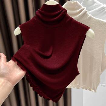 Pile collar fake collar versatile women's high-end knitted slim short vest sleeveless fungus edge bottoming shirt for women autumn and winter