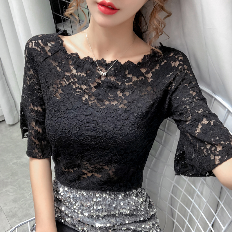 2020 Summer New Style Ladylike Sexy Hollow Crochet Lace Top Fashionable Round Neck Short-Sleeved T-Shirt 2020 Summer New Style Ladylike Sexy Hollow Crochet Lace Top Fashionable Round Neck Short-Sleeved T-Shirt