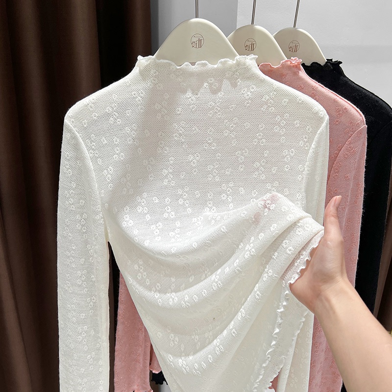 Ruffled Jacquard Lace Half-High Collar Base Shirt for Women, 2025 Autumn and Winter New Style, Soft and Thin Slim-Fit Top