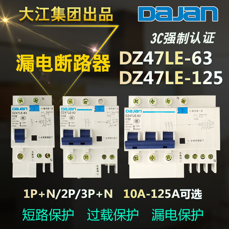 Large River Earth Leakage Switch 2P 63A DZ47LE Bipolar 32A Protector Home Empty Open Electric Shock Breaker Leak-Taobao