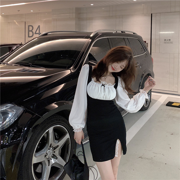 Real price fall lace contrast color bubble sleeve slim split dress