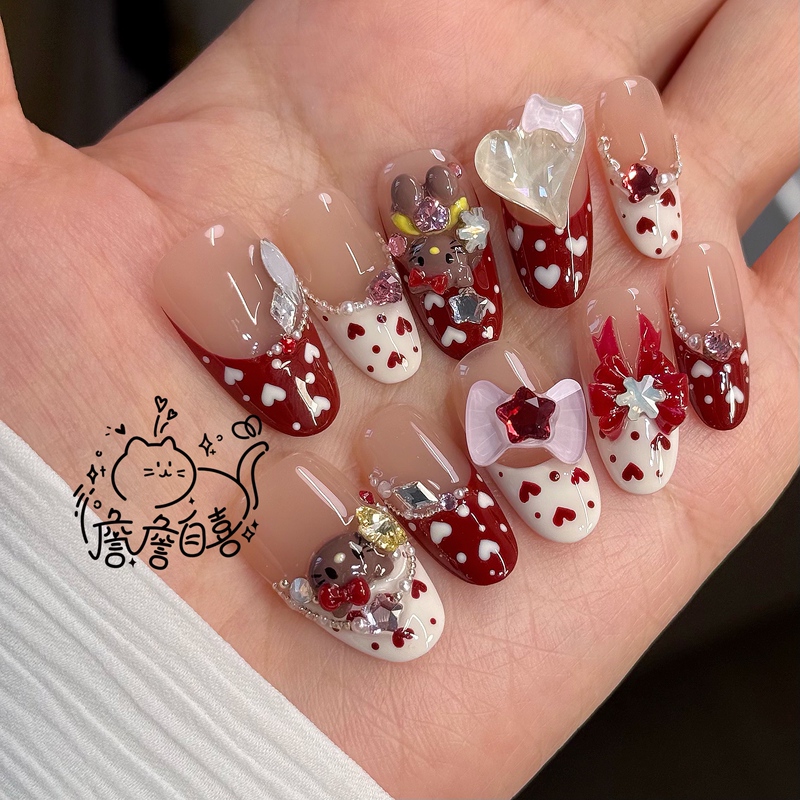 【Zhan Zhan Is Pleased with Himself】Swarovski | Miss Kitty Red and White Color Scheme 3D Squishy Wearable Nails 【Zhan Zhan Is Pleased with Himself】Swarovski | Miss Kitty Red and White Color Scheme 3D Squishy Wearable Nails