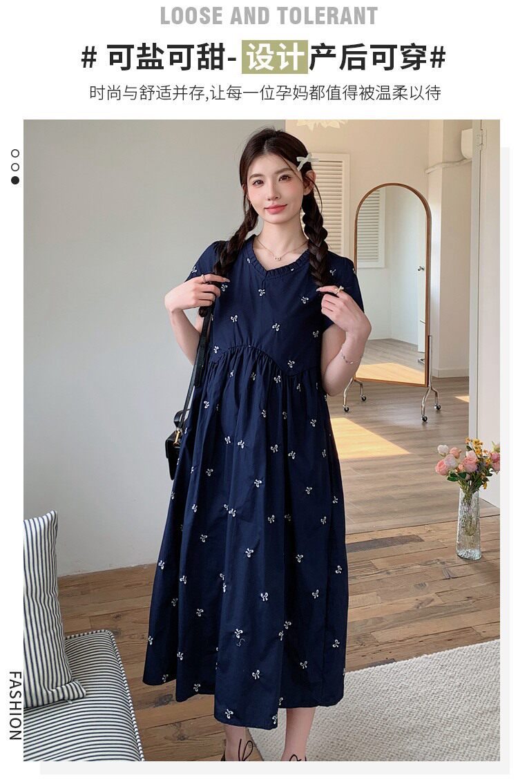 孕妇装夏季宽松减龄刺绣连衣裙2026新款小个子高腰显瘦中长款裙子 — 2