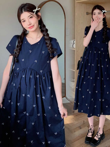 Maternity Wear Summer Loose-Fitting Age-Reducing Embroidered Dress 2026 New Style Petite High-Waisted Slimming Mid-Length Dress — 4