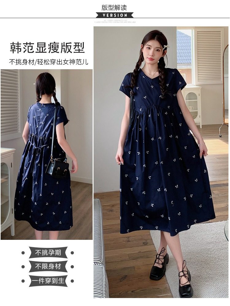 孕妇装夏季宽松减龄刺绣连衣裙2026新款小个子高腰显瘦中长款裙子 — 5