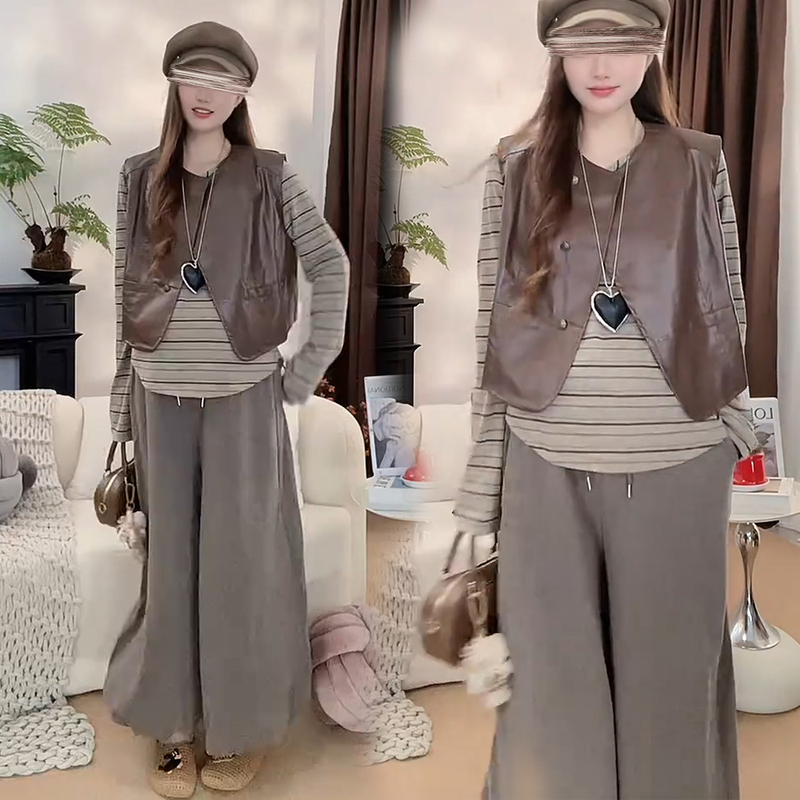 Maternity Fashion Trendy Sweet and Cool Striped T-Shirt Pu Leather Vest Wide-Leg Pants Three-Piece Set Autumn Slimming Loose Outfit