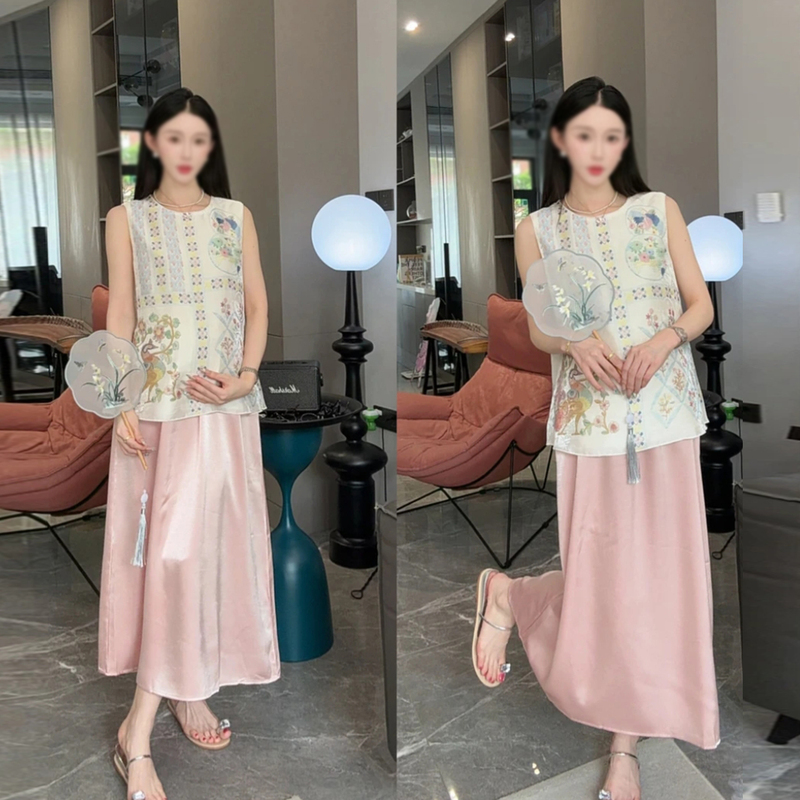 Maternity Suit Pink Summer New Style Bohemian Resort Style Sleeveless Top and Skirt Maternity Two-Piece Set