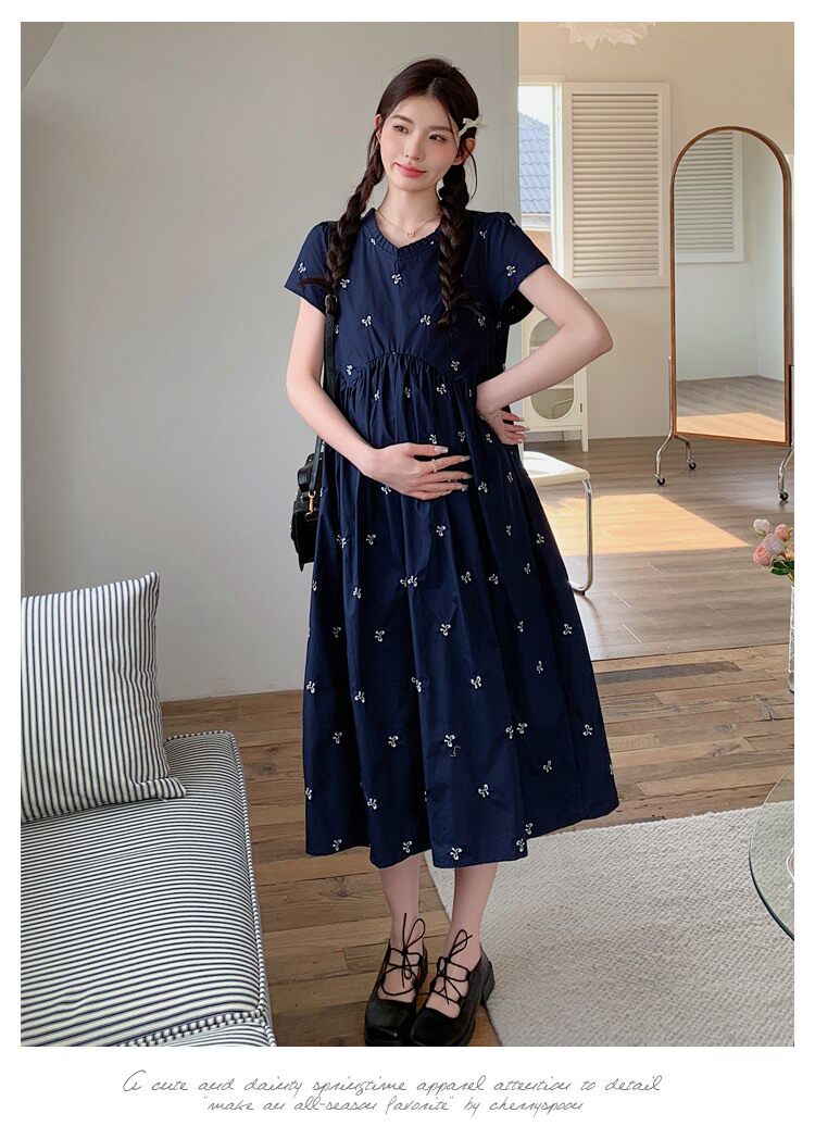 孕妇装夏季宽松减龄刺绣连衣裙2026新款小个子高腰显瘦中长款裙子 — 11