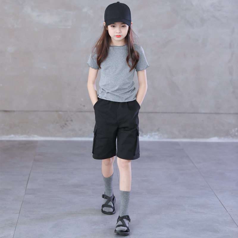 2020 parent-child summer clothes girls middle-aged children loose casual all-match black trendy overalls children's shorts five-point pants