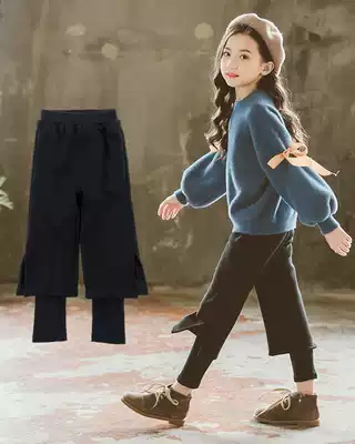 Girls casual pants winter clothes new middle and big children's children plus velvet padded fake two-piece pants warm pants