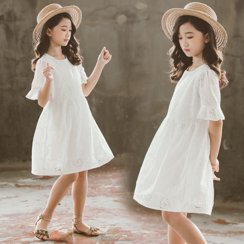 2021 Summer Dress New Girl White Dress Dress CUHK Child Pure Cotton Embroidered Princess Loose Beach Skirt