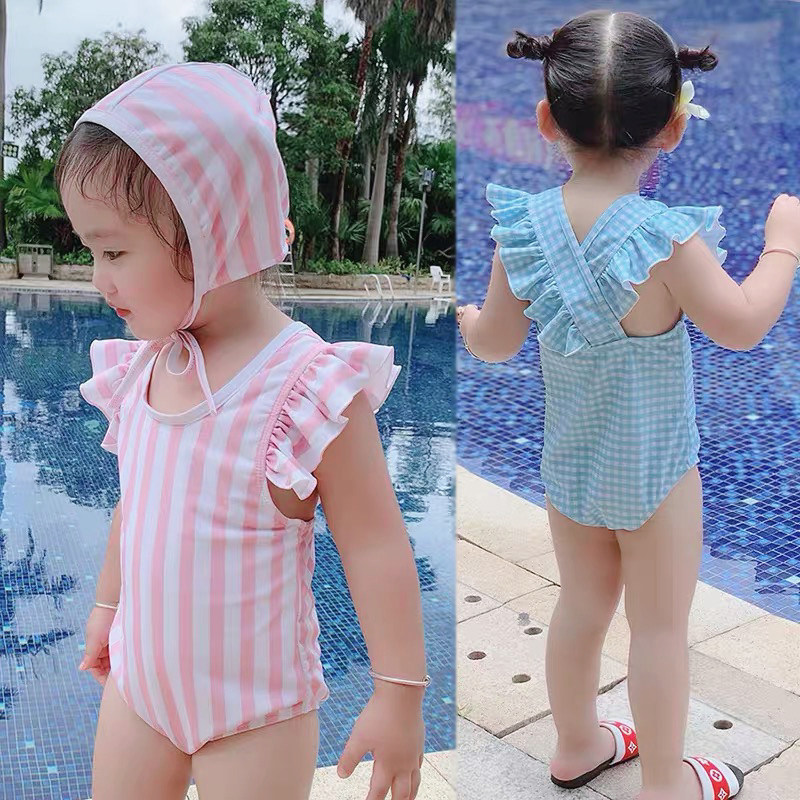 Children's clothes girls connected swimsuit baby baby lace plate striped princess swimsuit girl swimsuit