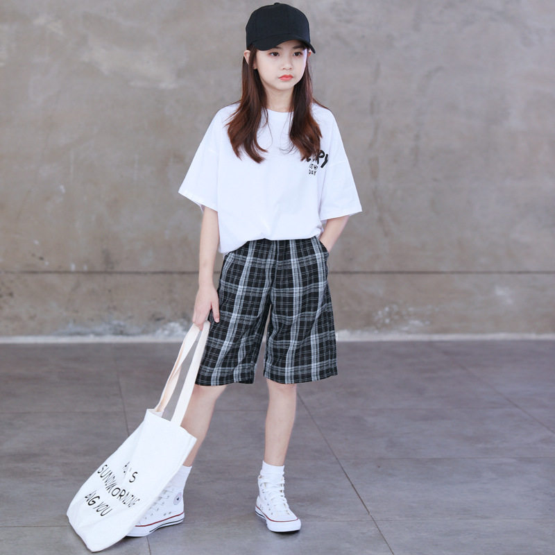 Girl Casual Plaid 50% Pants 2020 Summer Dress New CUHK Child Retro Plaid Loose Waist Loose 50% Pants