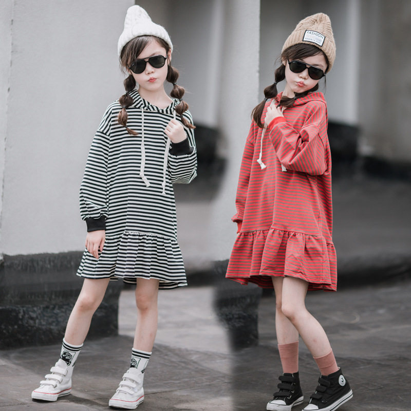 Pro-Child Dress Girl Long Sleeve Foreign Dress Autumn Clothing 2019 New CUHK Child Striped Casual Loose Clothing Dress