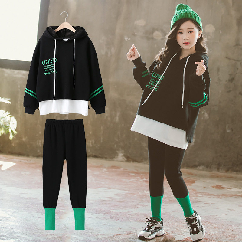 Girls' foreign style suit 2021 spring new middle and big children's hooded casual sweater leggings trendy