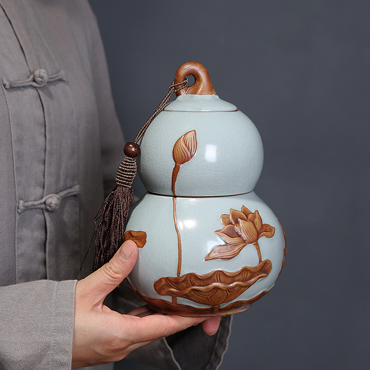 Ceramic gourd tea leaf tank Gothic kilns double large number Bulk sealed tank Pu'er black tea Ru kilns for gift storage tanks