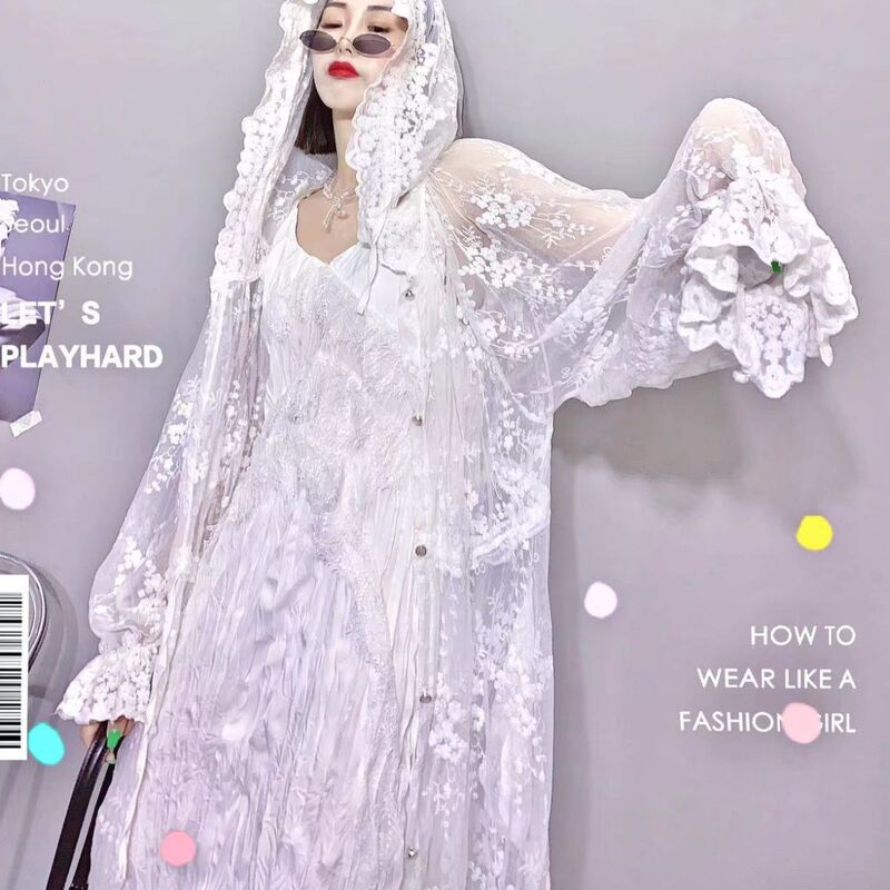 Fairy Sun Protection Jacket for Women Plus Size Fat mm Foreign Style Casual Hooded Long Lace Embroidered Air Conditioning Beach Cardigan Skirt