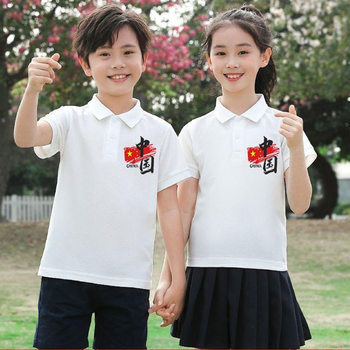 Children's pure cotton white polo shirt 2025 new children's day performance clothing summer male and female student tops group clothing
