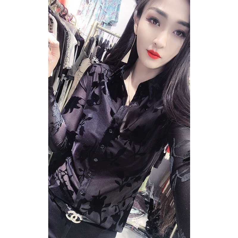 Autumn and Winter New European Style Velvet Mesh Long-Sleeve Shirt for Women, Slim Fit Versatile Black Base Shirt, Thin Top Trendy Fashion