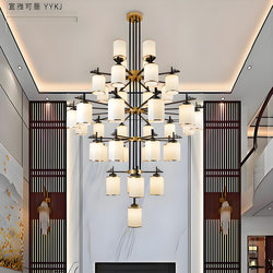 New Chinese-Style Villa with a Large Chandelier in the Open Living Room, Modern Chinese Style 6m Loft Duplex Apartment Hotel Restaurant Light