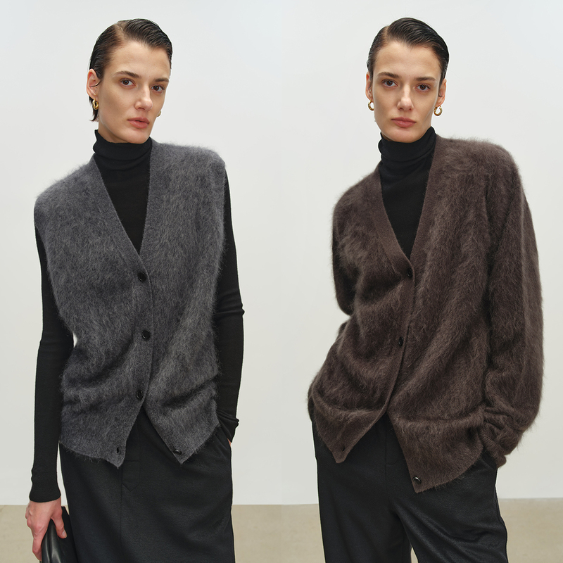 Msbeast Italian Washed Brushed Cashmere Fluffy Cloud-Like Minimalist R0W Style V-Neck Cardigan/Layering Vest