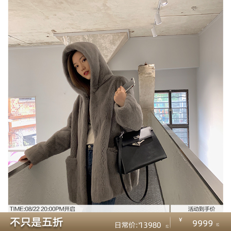 MSBEAST imported purple label velvet mink coat women's whole mink off-shoulder straight hooded mink fur coat