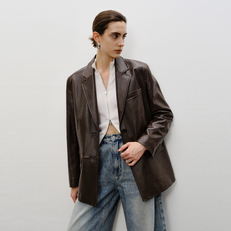 Msbeast Imported Vegetable-Tanned Sheepskin Jacket Genuine Leather Blazer for Women with Slightly Wide Shoulders and Loose Fit | Early Autumn Coastal Style