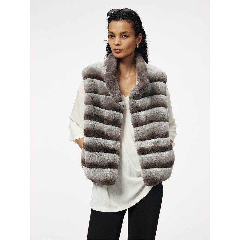 Msbeast Cream-Dyed 5A Grade Whole Leather Rex Rabbit Fur Horizontal Leather Jacket with Stand Collar Fur Coat | Arctic Star