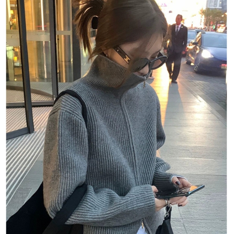 Gray Double-Zip High-Neck Knitted Cardigan for Women, 2026 Autumn Korean Style, Retro, Simple, Lazy, Casual Sweater Jacket Gray Double-Zip High-Neck Knitted Cardigan for Women, 2026 Autumn Korean Style, Retro, Simple, Lazy, Casual Sweater Jacket