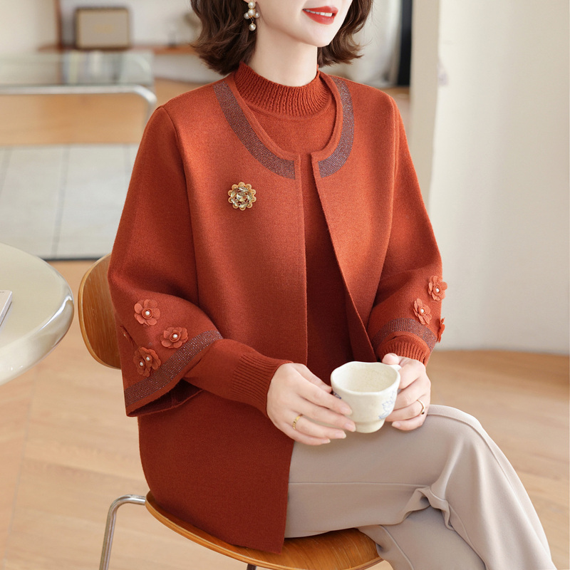 Trendy Middle-Aged Mother's Autumn and Winter Sweater Cardigan Two-Piece Set, Plus Size Women's Fashion Loose Coat Trendy Middle-Aged Mother's Autumn and Winter Sweater Cardigan Two-Piece Set, Plus Size Women's Fashion Loose Coat