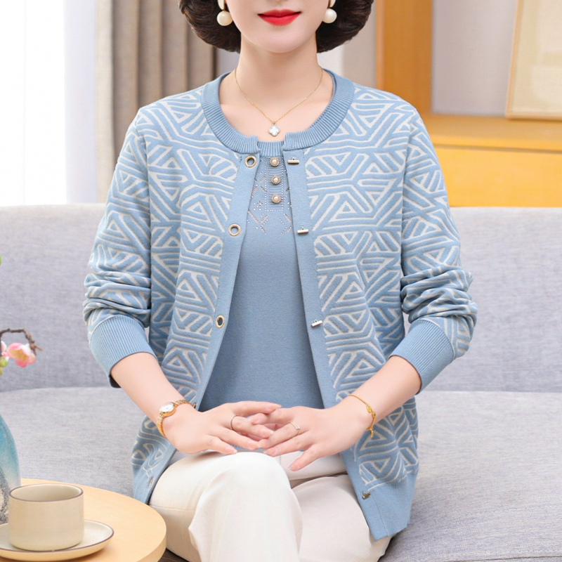 Mom's Spring and Autumn Ice Silk Knitted Top Two-Piece Set Cardigan Jacket for Women Plus Size Middle-Aged and Elderly T-Shirt Set
