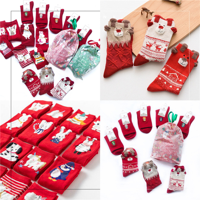 3 pairs into the winter destiny year big red socks combination pure cotton Cartoon Christmas socks men's and women's socks Red cotton socks