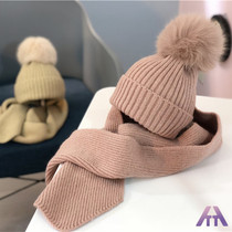 Autumn and winter baby hair ball hat warm Fox big hair ball wool hat baby baby knitted hat scarf set