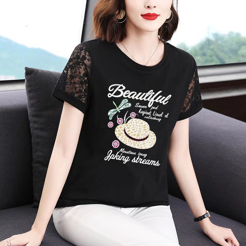 Black Lace Short-Sleeved T-Shirt for Women 2026 Summer New Loose Large Size Versatile Base Shirt Stylish Mom Top