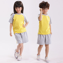 Kindergarten Garden Suit Men And Womens Summer Pure Cotton School Uniform Grey White Bar Strip Round Collar Short Sleeve Headliner Dress