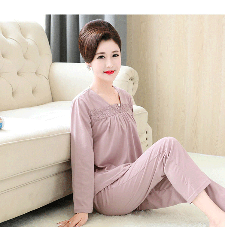 Bộ đồ ngủ mùa xuân và mùa thu của phụ nữ mùa thu dài tay cotton trung niên mẹ trung niên XL bông phục vụ nhà quần áo bông ấm áp
