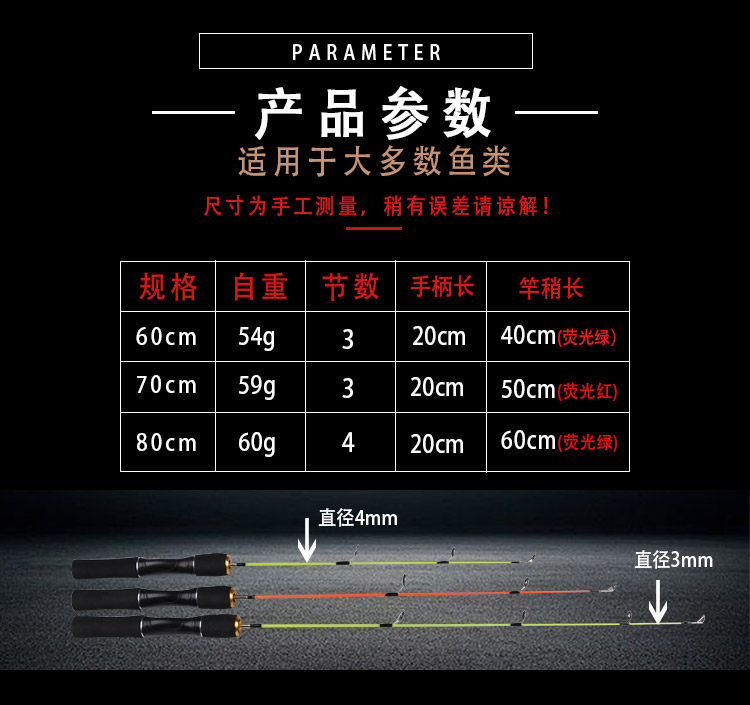 Ice удочкой 冰钓竿套装冬钓竿实心超硬超短竿钓鱼竿 筏竿 插节竿小海竿