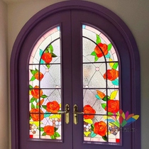 定制蒂凡尼彩色玻璃红玫瑰花弧异形门上玻璃隔断干湿分离半墙屏风