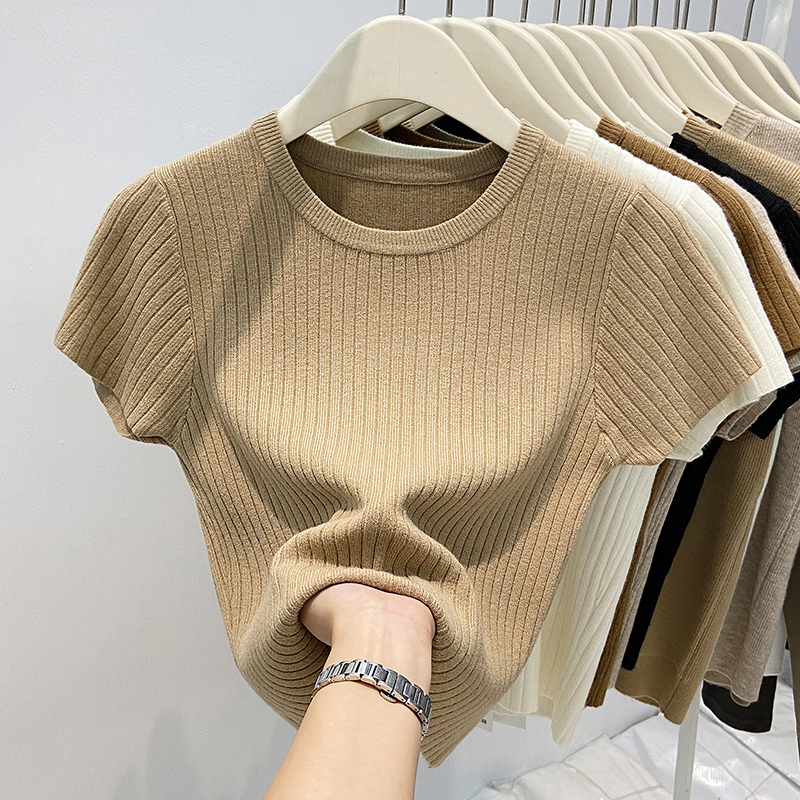 Knitted Short-Sleeve T-Shirt for Women, Autumn Ribbed Design, Niche Short Half-Sleeve Round Neck ins Unique Top for Petite Figures
