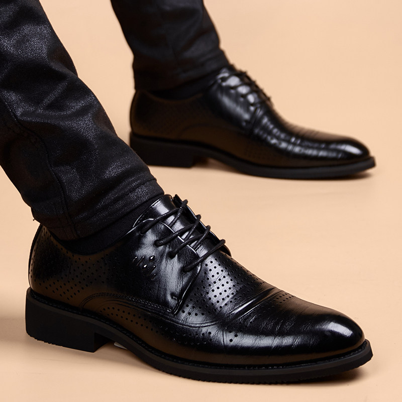 Summer Hollowed-out Leather Shoes Man Genuine Leather Han Edition Breathable Business Casual Men's Shoes Youth Heightening Pointed Soft-bottom Men's Shoes
