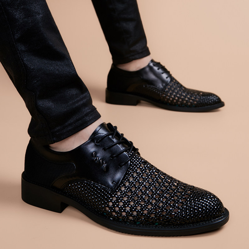 Hollowed-out Leather Shoes Men's Summer Breathable Youth Han Edition Business Casual Men's Shoes Pointed Heightening Black Genuine Leather Sandals Shoes